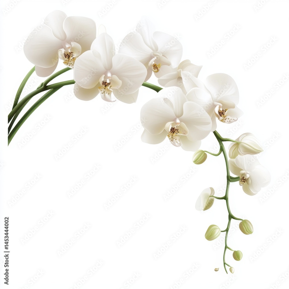 Naklejka premium Delicate white orchid branch with blooming flowers and unopened buds on white background