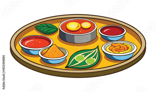 Assorted indian condiments and snacks on a tray