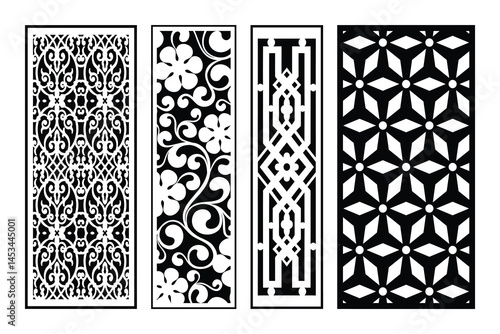 Set Of Four Decorative Vector Patterns Black And White Ornate Panels For Laser Cutting