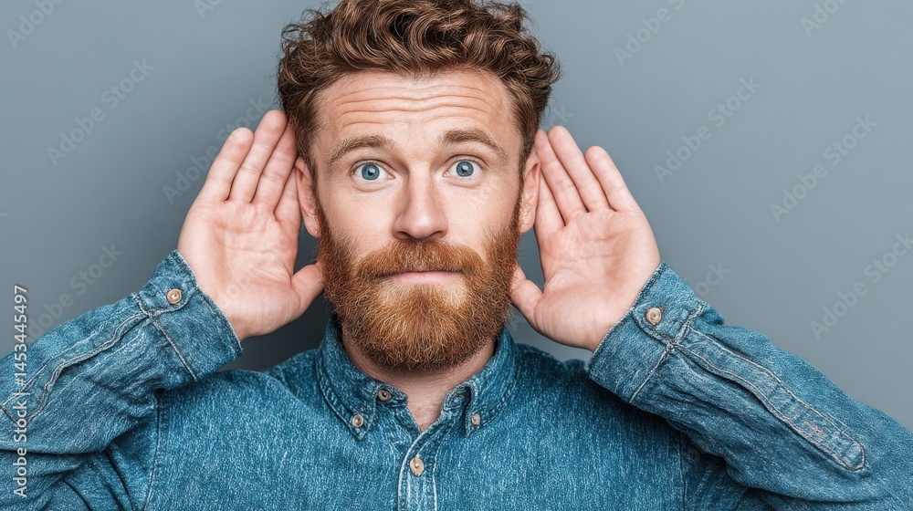 Thoughtful man with beard in blue shirt contemplating wealth and success in a minimalist conceptual visual setting Thoughtful man with beard in blue shirt contemplating wealth and success in a minimalist conceptual visual setting