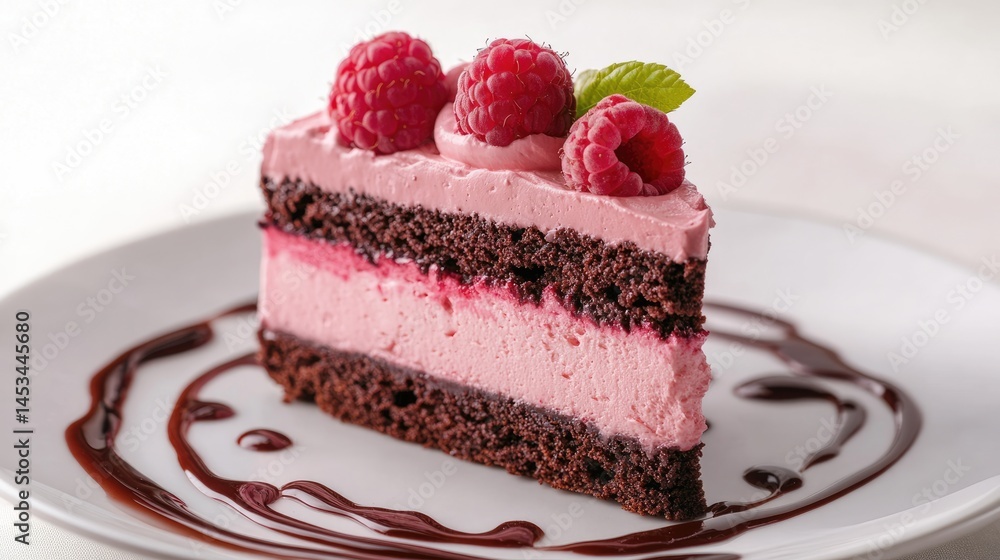 Chocolate Cake with Raspberry Topping and Chocolate Sauce Chocolate Cake with Raspberry Topping and Chocolate Sauce