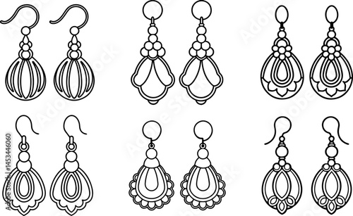 Set of women ear ring outline vector illustration, line art