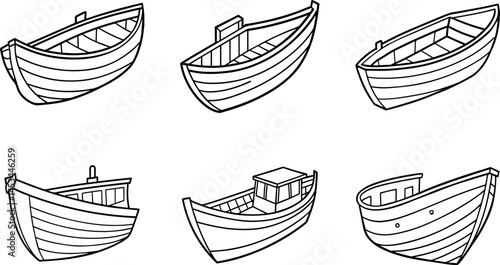 Set of wooden boat outline vector illustration, line art