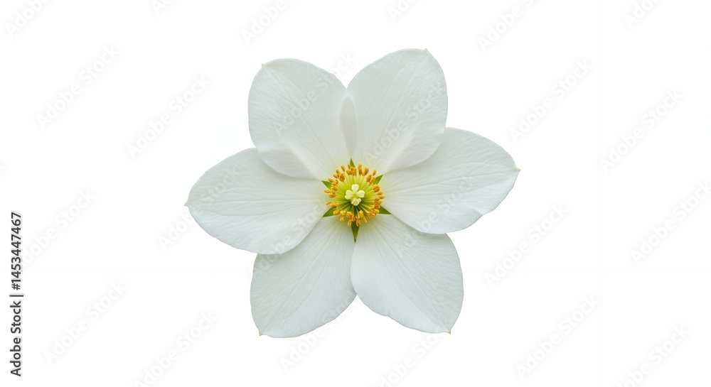 Obraz premium Close-up of a beautiful white flower with delicate petals, showcasing vibrant yellow and green center details against a clean white background, perfect for nature and floral concepts.