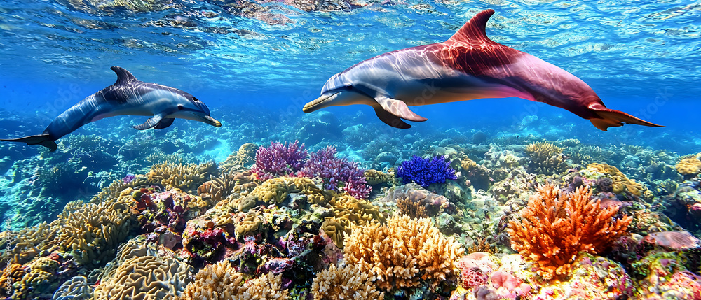 Obraz premium Colorful Coral Reef With Dolphins Underwater