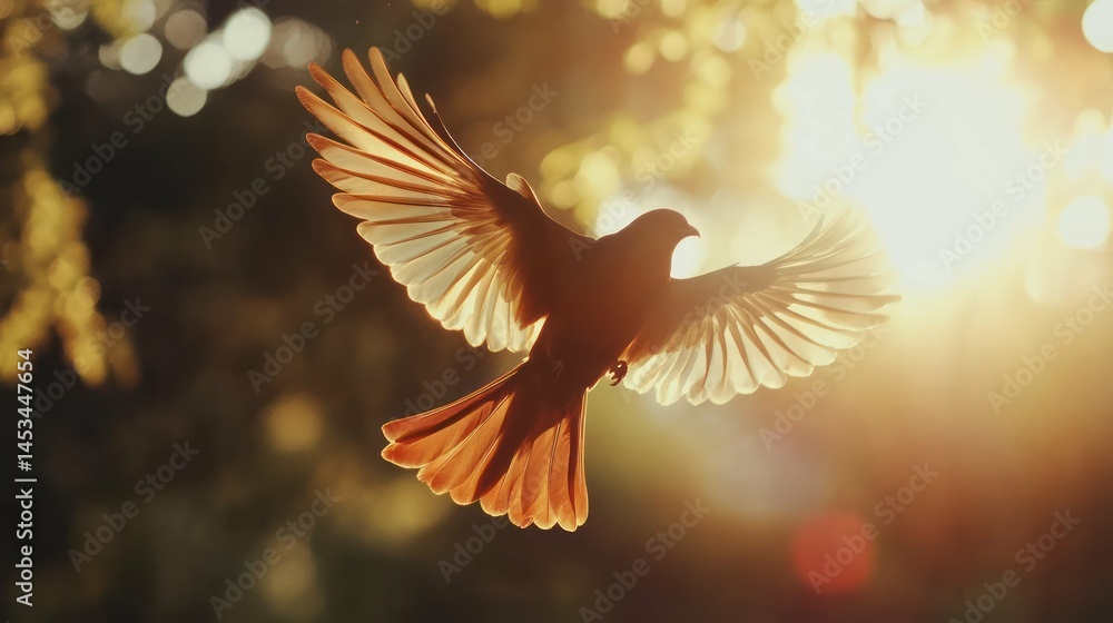 Fototapeta premium Dove soars in sunlight embodying freedom and peace.
