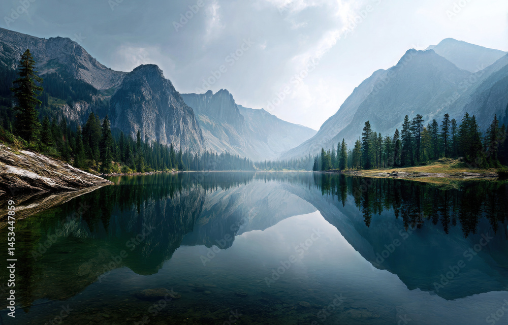 Experience the breathtaking tranquility of a mountain landscape, where towering peaks meet a calm lake, creating stunning reflections that invite peace and solitude in nature?s embrace.