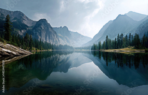 Obraz na płótnie Experience the breathtaking tranquility of a mountain landscape, where towering peaks meet a calm lake, creating stunning reflections that invite peace and solitude in nature?s embrace. w salonie