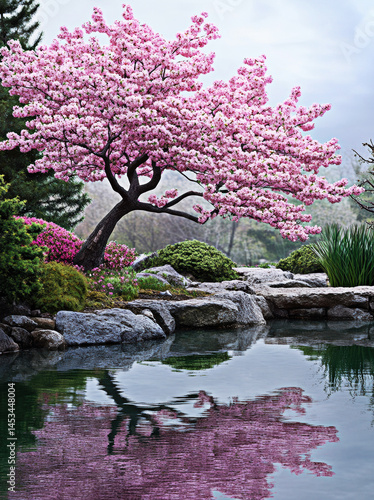 A picturesque scene showcasing a vibrant pink tree reflected in tranquil waters, surrounded by lush greenery and rocks, creating a serene and harmonious garden atmosphere.
