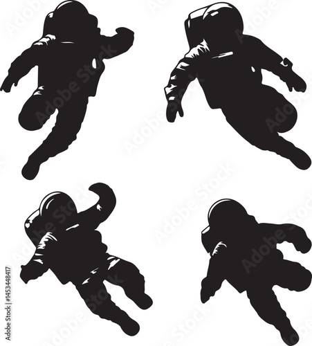 Silhouette Astronauts Floating in Space Vector Illustration: Spacewalking Cosmonauts in Black and White Graphic Design for Posters & Art Prints