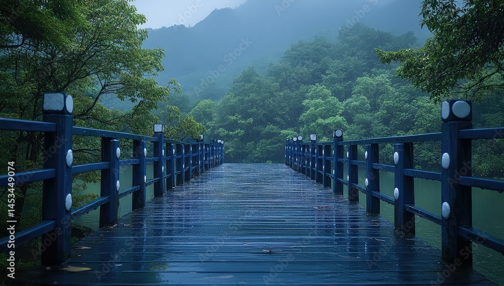 Obraz premium Rainy Bridge with Misty Mountain Lake.