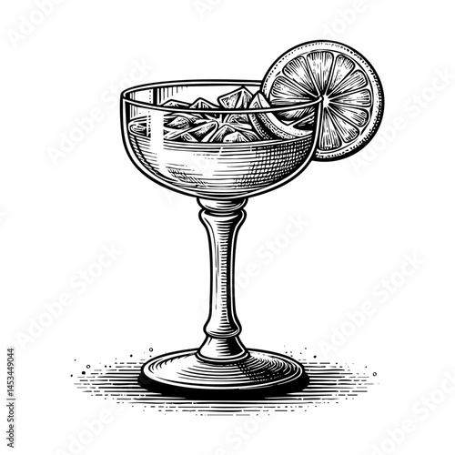 Cocktail sketch engraving black and white outline. Scratch board imitation.