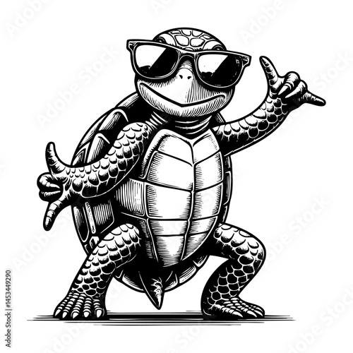 turtle dancing sketch engraving black and white outline. Scratch board imitation.  illustrated in vintage line art style on a white background.