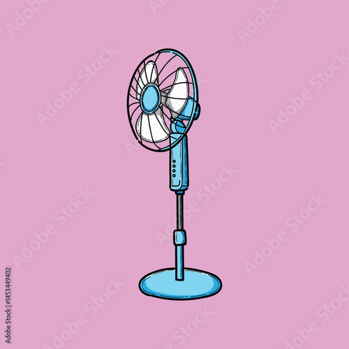 Bright cartoon-style depiction of a blue stand fan on a bold pink background, showcasing summer themes and household comfort.