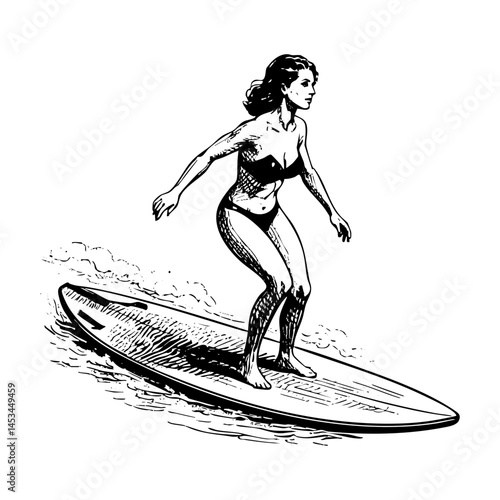 woman surfing engraving black and white outline. Scratch board imitation.  illustrated in vintage line art style on a white background.