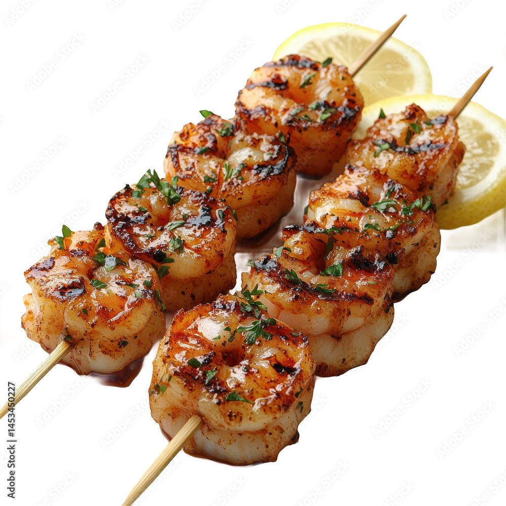 Grilled shrimp skewers recipe easy seafood appetizer with lemon garnish on transparent background Grilled shrimp skewers recipe easy seafood appetizer with lemon garnish on transparent background