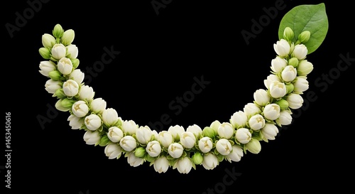 Stunning garland of white jasmine flowers arranged in a graceful arc against a black background, showcasing freshness and beauty, perfect for celebration or decoration.