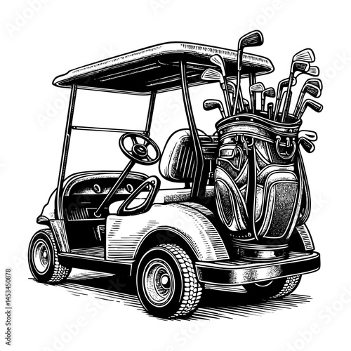 Golf cart sketch engraving black and white outline. Scratch board imitation.
