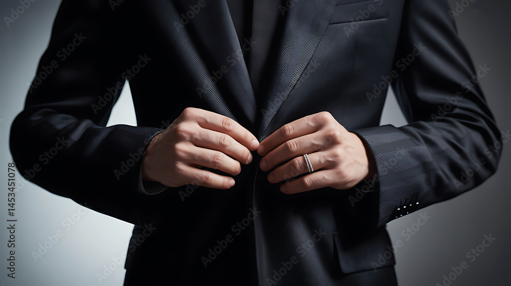 Obraz premium Man Adjusting His Suit Jacket A Close-Up Image of Professional Attire