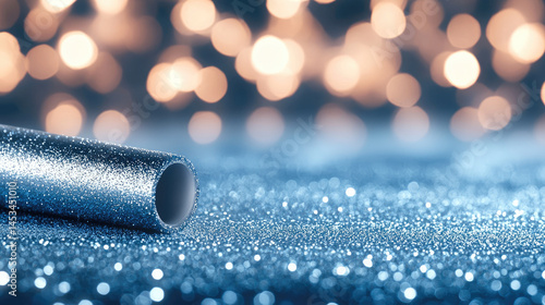 Glittery blue paper roll on sparkling surface with festive bokeh lights in background, creating magical winter inspired atmosphere for celebration or decoration