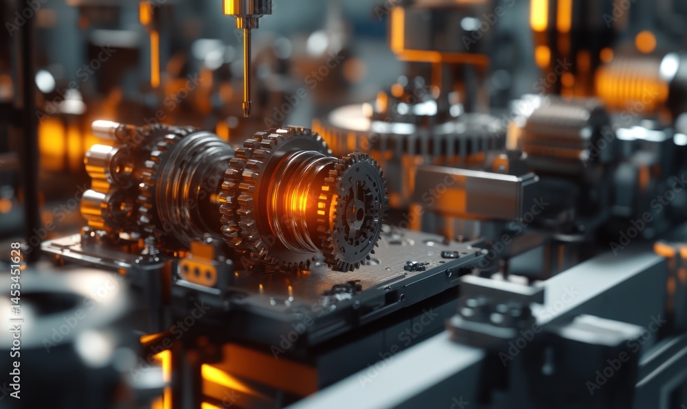 Naklejka premium Precise Engineering: Gears in Motion, a Detailed Look into the World of Industrial Manufacturing