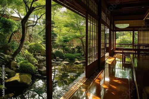 Japanese ryokan traditional inn with a tranquil garden view, Japanese ryokan traditional inn with a tranquil garden view background, AI generated