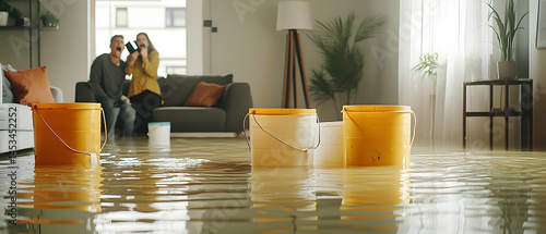 Flooded Living Room With People And Buckets