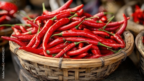 Fresh red chili peppers in a woven basket
