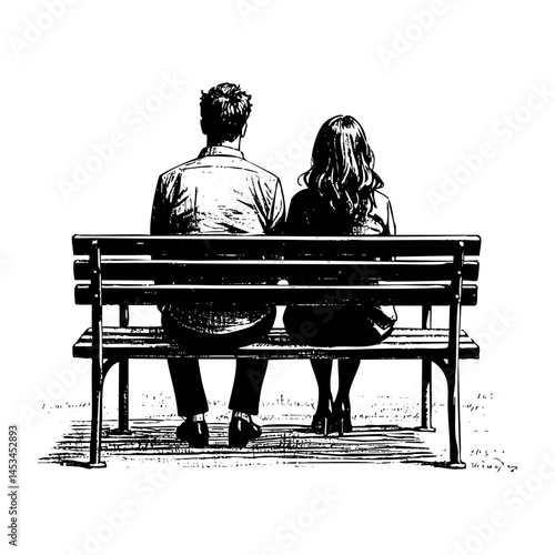 couple fall in love sitting on bench park sketch engraving black and white outline. Scratch board imitation.  illustrated in vintage line art style on a white background.
