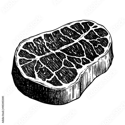 Raw meat sketch engraving black and white outline. Scratch board imitation.  illustrated in vintage line art style on a white background.
