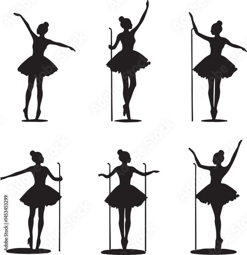 Ballerina Silhouette Vector Set: Elegant Dance Poses, Ballet Barre Exercises, Tutu Clipart, Black and White Illustration for Dance Studios