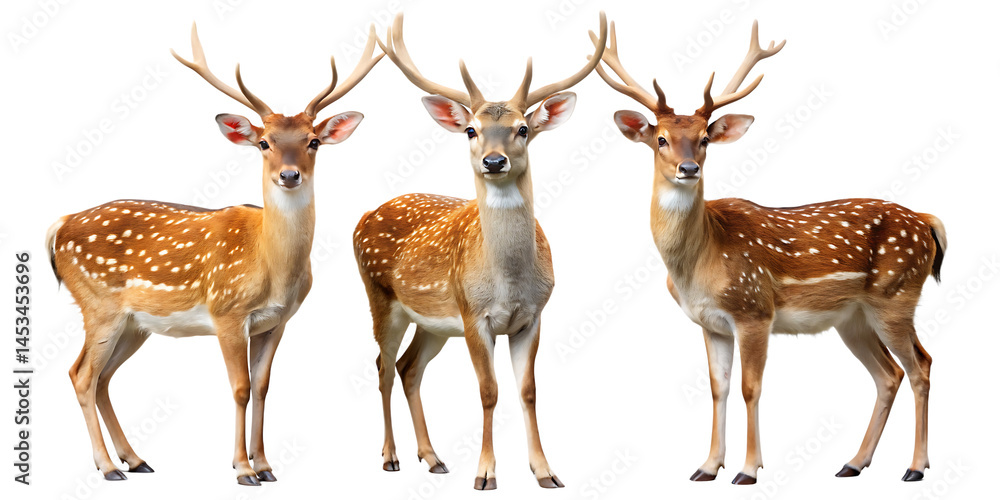 Obraz premium Three different deer standing side by side isolated on white background PNG