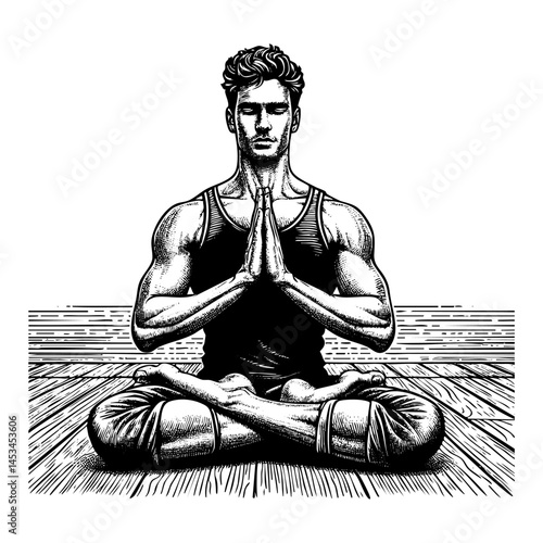 man yoga doing lotus pose engraving black and white outline. Scratch board imitation. illustrated in vintage line art style on a white background.