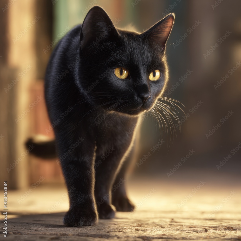 A Mysterious Black Cat Gracefully Walking on a Rustic Wooden Floor Bathed in Soft Natural Light Evoking a Cozy and Enigmatic Atmosphere of Home A Mysterious Black Cat Gracefully Walking on a Rustic Wooden Floor Bathed in Soft Natural Light Evoking a Cozy and Enigmatic Atmosphere of Home