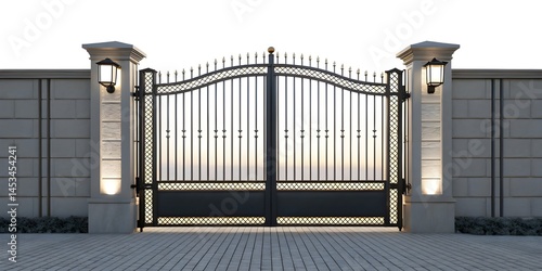 Elegant metal gate entrance design with decorative posts and lighting for property security idea