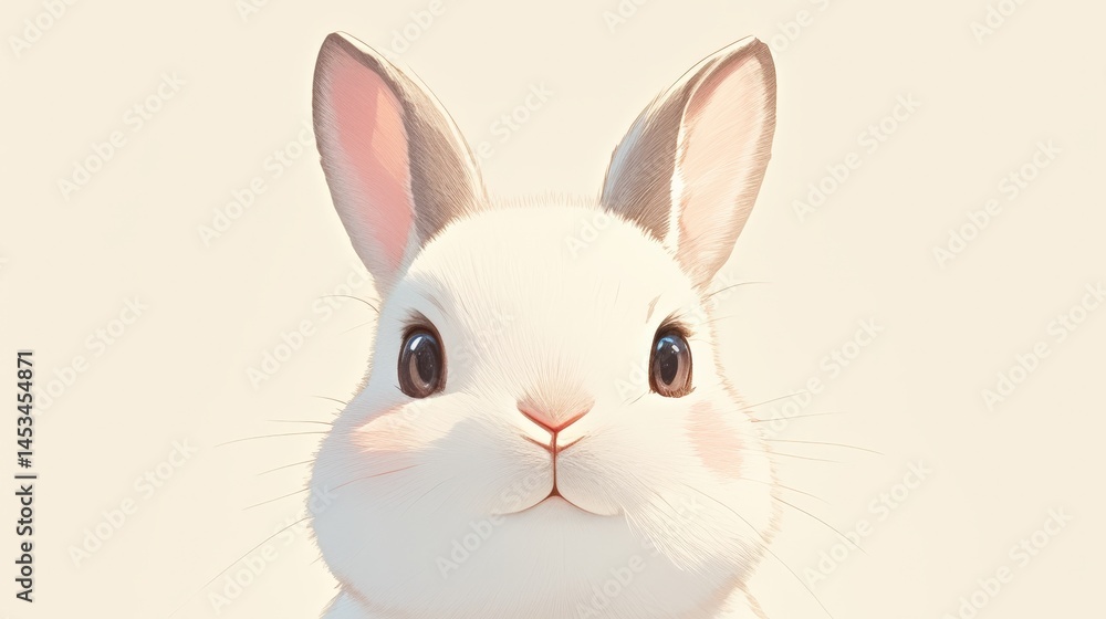 Fototapeta premium Cute, soft white bunny with pink cheeks looks at the viewer
