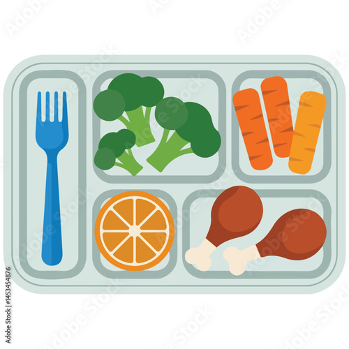 School lunch with chicken and milk isolated vector illustration on white background