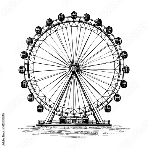 Ferris wheel sketch engraving black and white outline. Scratch board imitation.  illustrated in vintage line art style on a white background.