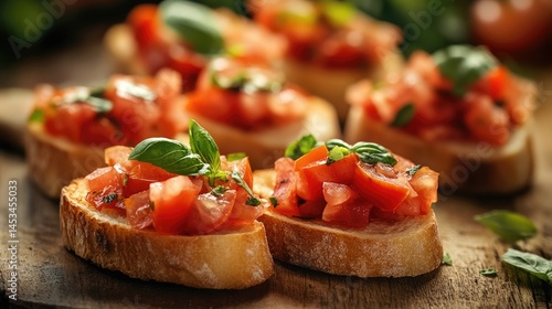 Close-up of Delicious Bruschetta with Tomatoes and Basil