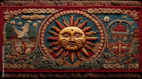 Colorful Textile Art Featuring Sun Motif and Intricate Patterns