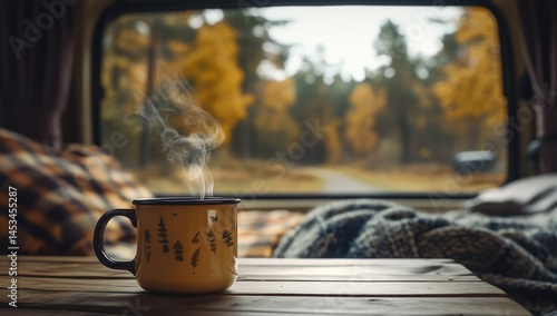Cozy Autumn Camp: Warm Drink by Camper Window