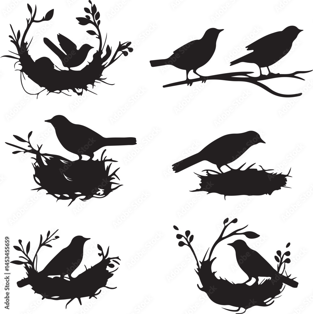 Fototapeta premium Bird Silhouettes Vector Art: Nesting Birds, Bird on Branch, Minimalist Wildlife Illustration, Black and White Bird Clipart, Nature Graphic Design