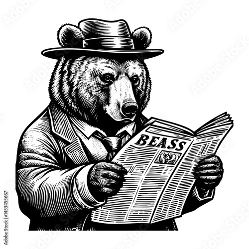 bear with top hat open newspaper sketch engraving black and white outline. Scratch board imitation.