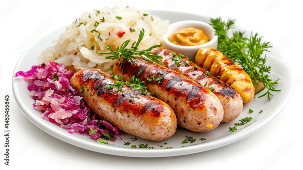 Grilled Sausages Served with Sauerkraut and Mustard on Plate Grilled Sausages Served with Sauerkraut and Mustard on Plate