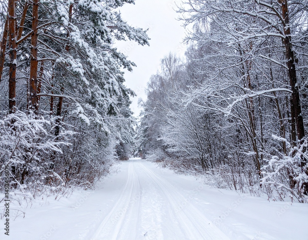 Fototapeta premium Snowy Path Through a Frozen Winter Forest