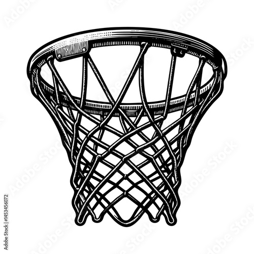 Basketball ring sketch engraving black and white outline. Scratch board imitation.  illustrated in vintage line art style on a white background.