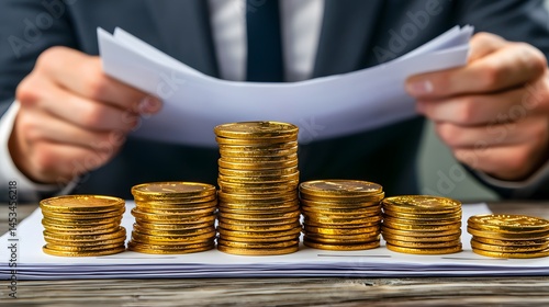 Stacks of Gold Coins on Documents with Businessman Reviewing Papers in Background
