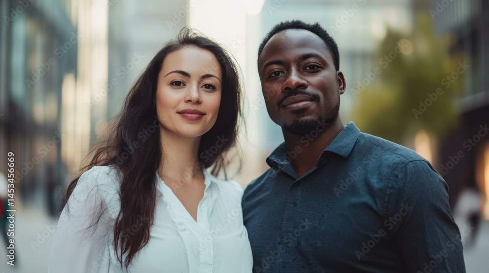 Two business professionals pose confidently in urban setting Two business professionals pose confidently in urban setting