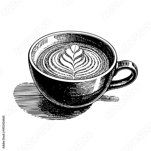 hot coffee cup engraving black and white outline. Scratch board imitation.  illustrated in vintage line art style on a white background.