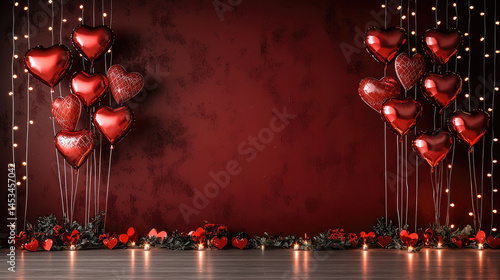 Red heart balloon romantic light Valentine background festive decoration love celebration elegant mood wooden floor floral accent glowing string joyful atmosphere